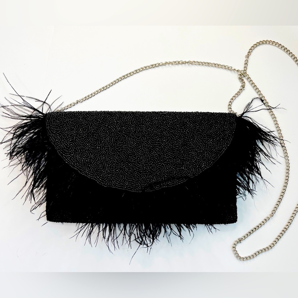 Black Beaded Clutch Purse With Faux Feathers